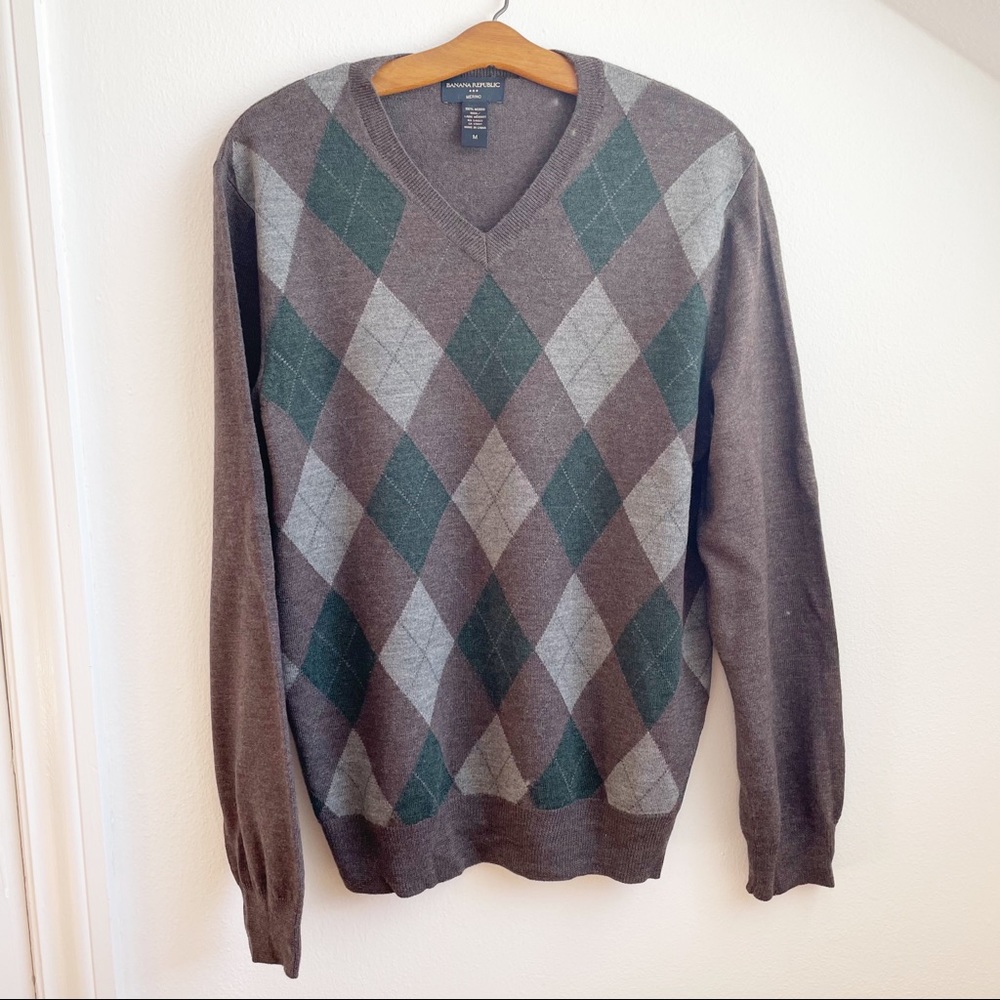 BR Factory Argyle 100% Merino Wool Lightweight V-Neck Sweater Men’s Size M